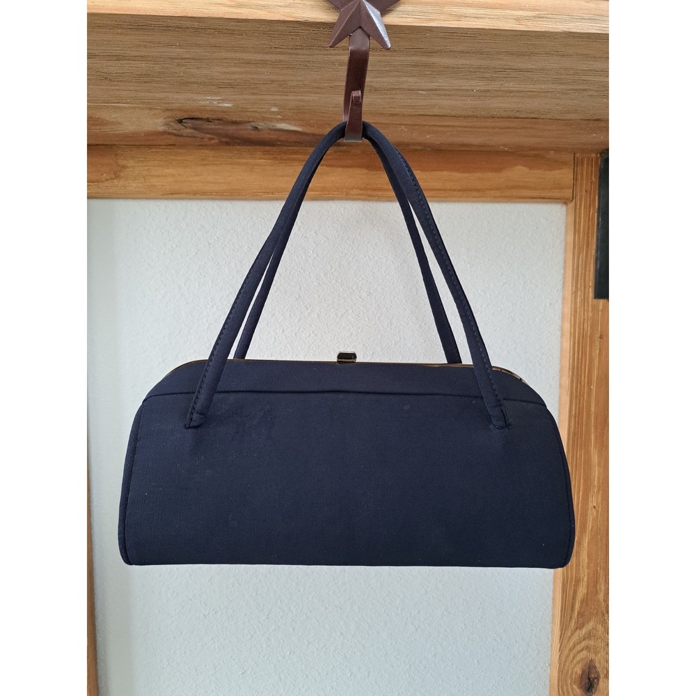 Vintage Dover Navy Blue Grosgrain Handbag Gold Tone Frame Kiss Lock Made in USA